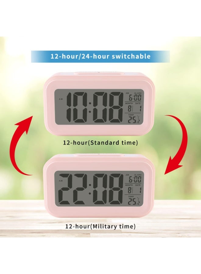 A small pink LCD electronic clock that displays the time, date, indoor temperature (-9.9 to 50 degrees Celsius), alarm with a 5-minute "snooze", supports 12/24 hours, ideal for the office, bedroom or kitchen with a stylish and simple design. - Image 4